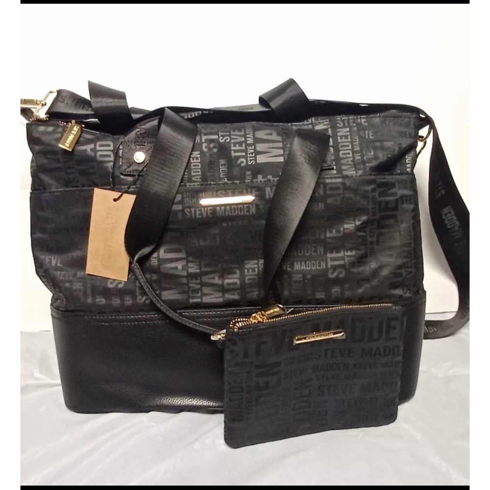 Steve Madden Black Logo Print Weekender Bag Travel Tote with Pouch Gold Hardware